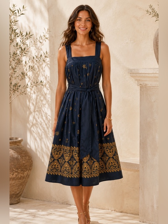 Banana Republic Dresses & Skirts - Banana Republic 100% Silk Navy Gold Border Print Belted Dress Size 10 NWT